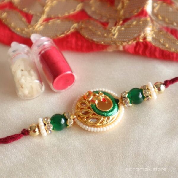 Peacock Kundan Rakhi With Roli-Chawal Pack
