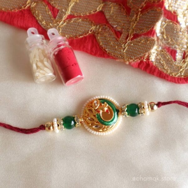 Peacock Kundan Rakhi With Roli-Chawal Pack