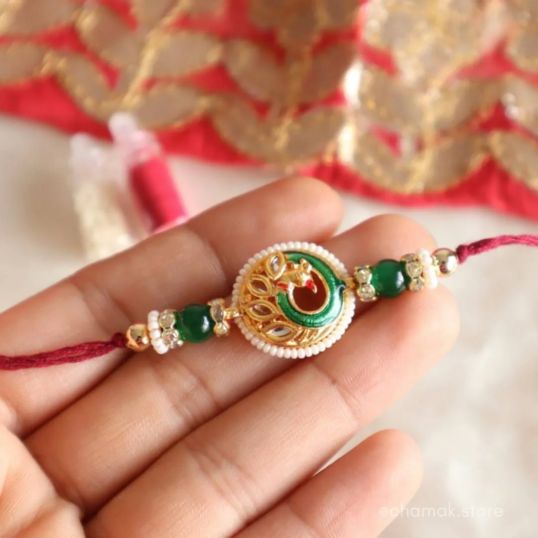 Peacock Kundan Rakhi With Roli-Chawal Pack