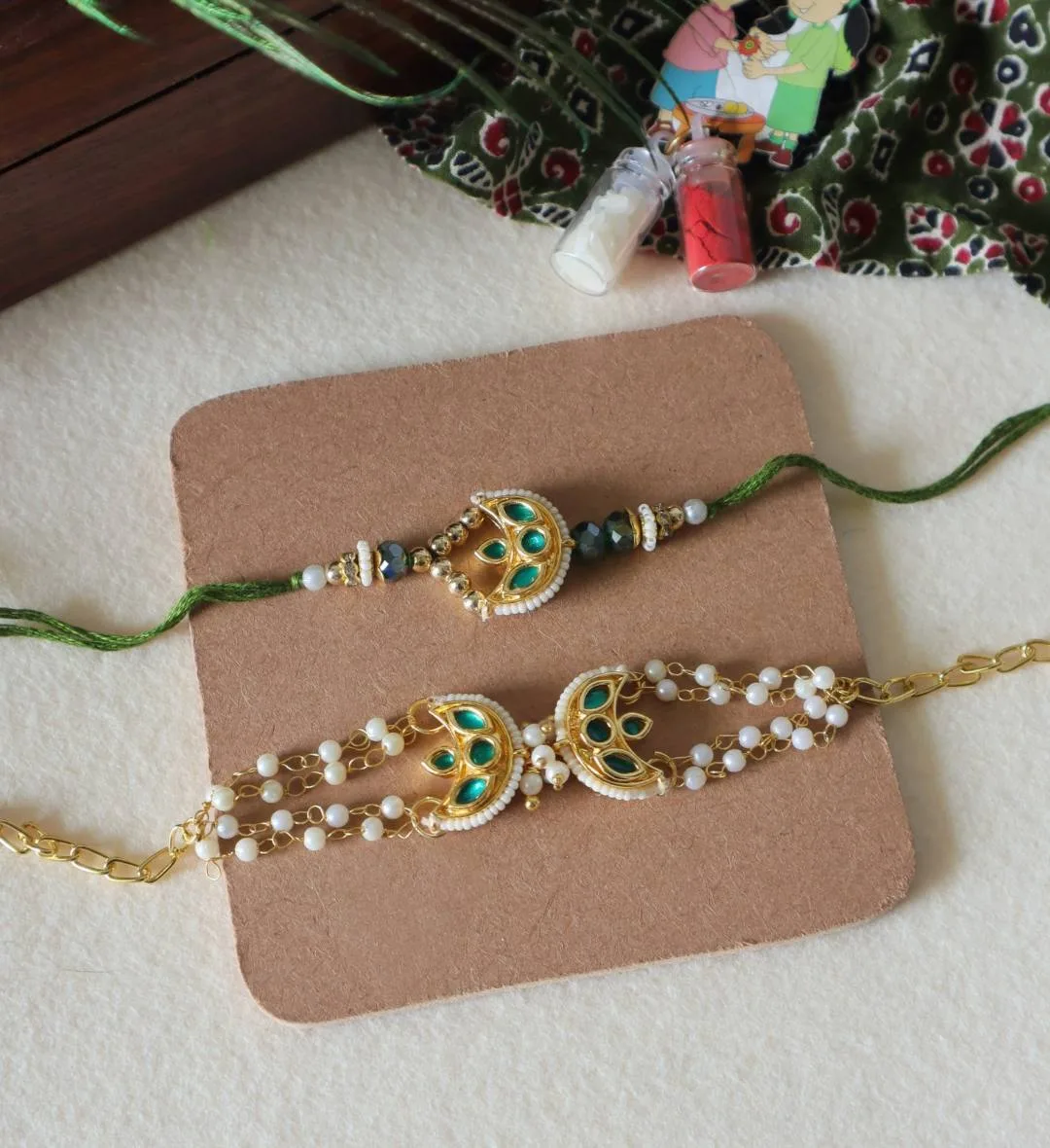 Royal Green Meenakari Bhaiya-Bhabhi Rakhi Set