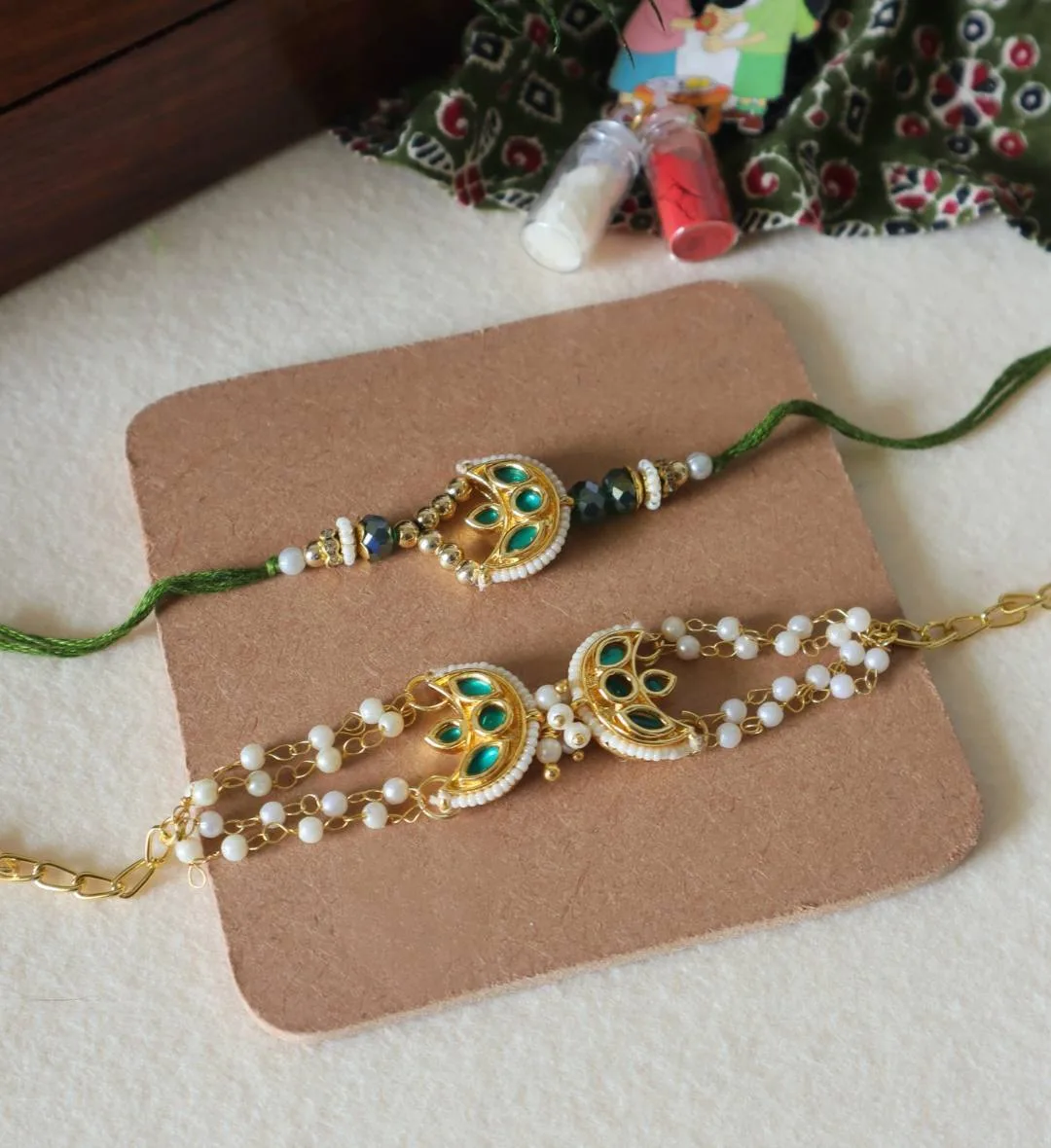 Royal Green Meenakari Bhaiya-Bhabhi Rakhi Set