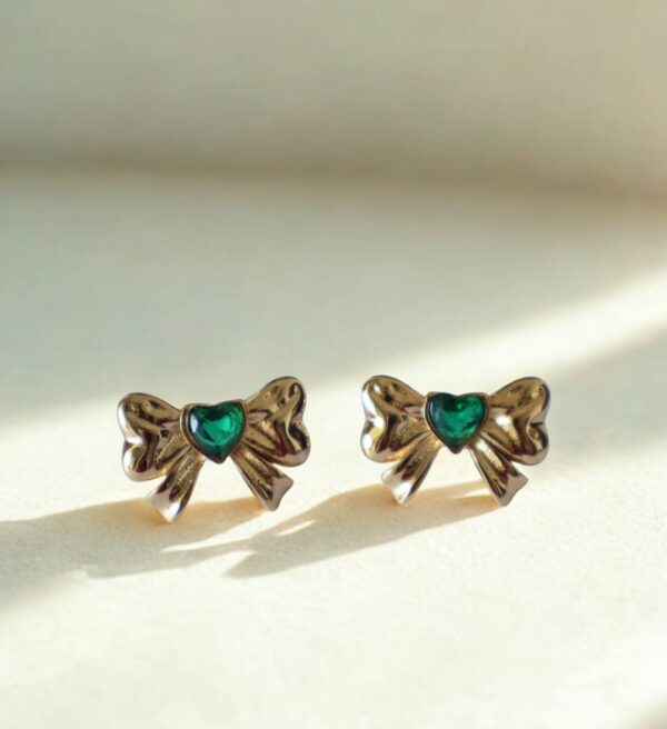 Emerald Heart Bow Stud Earrings