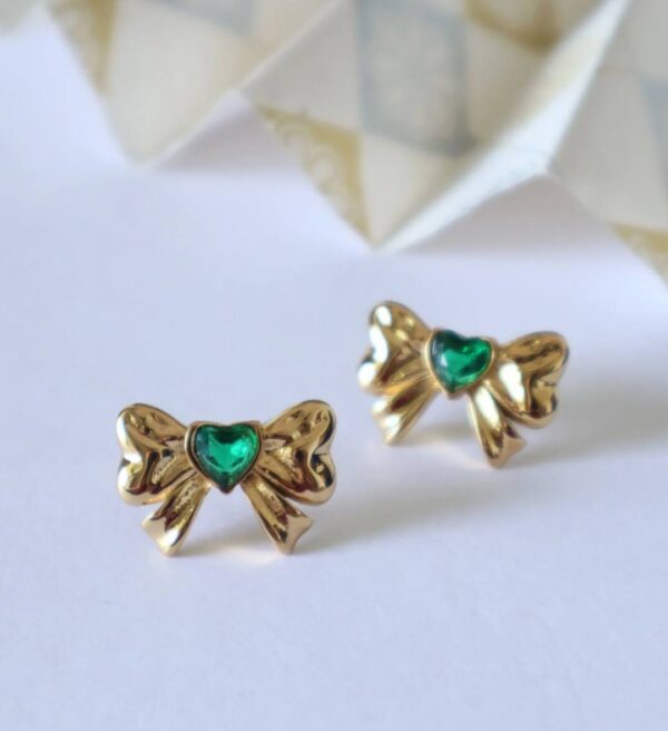 Emerald Heart Bow Stud Earrings
