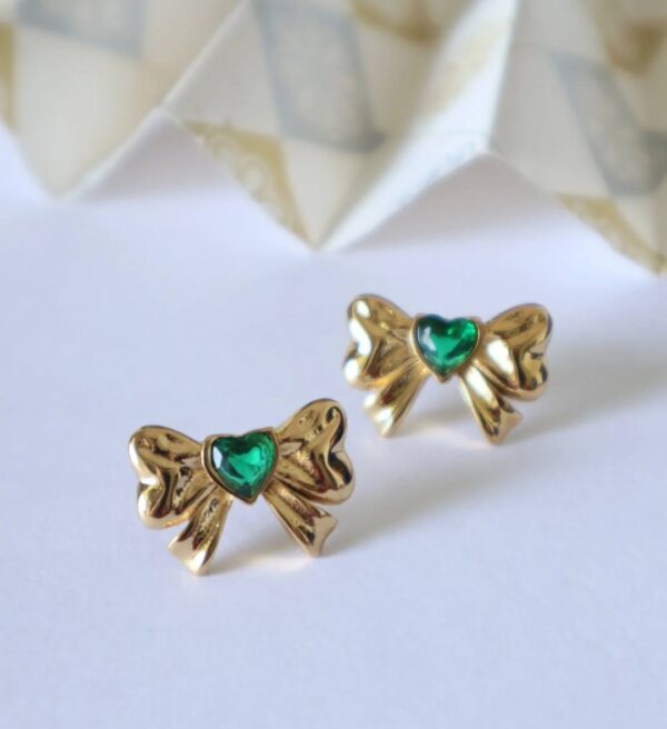 Emerald Heart Bow Stud Earrings