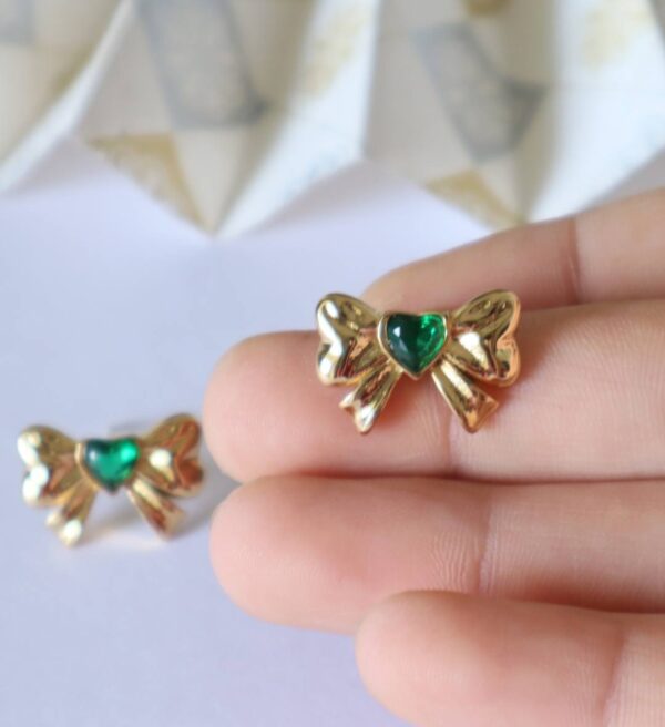 Emerald Heart Bow Stud Earrings