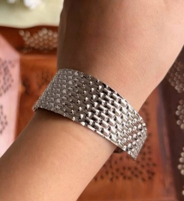 Silver Tone Basket Pattern Cuff Bracelet