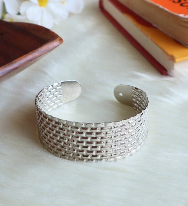 Silver Tone Basket Pattern Cuff Bracelet