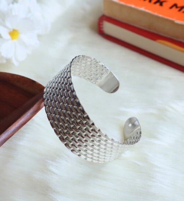 Silver Tone Basket Pattern Cuff Bracelet