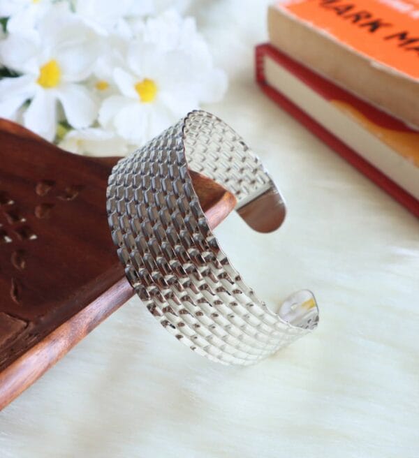 Silver Tone Basket Pattern Cuff Bracelet