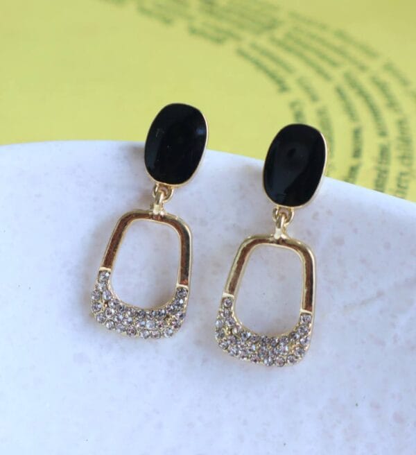 Stylish Crystal-Studded Black & Gold Earrings