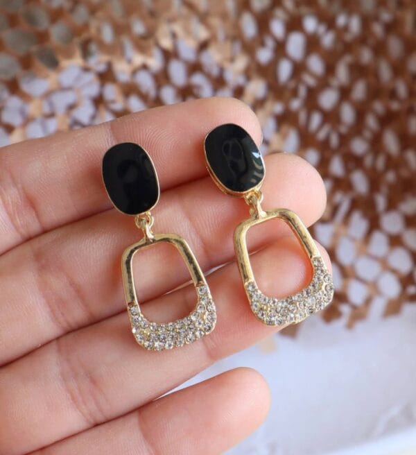 Stylish Crystal-Studded Black & Gold Earrings