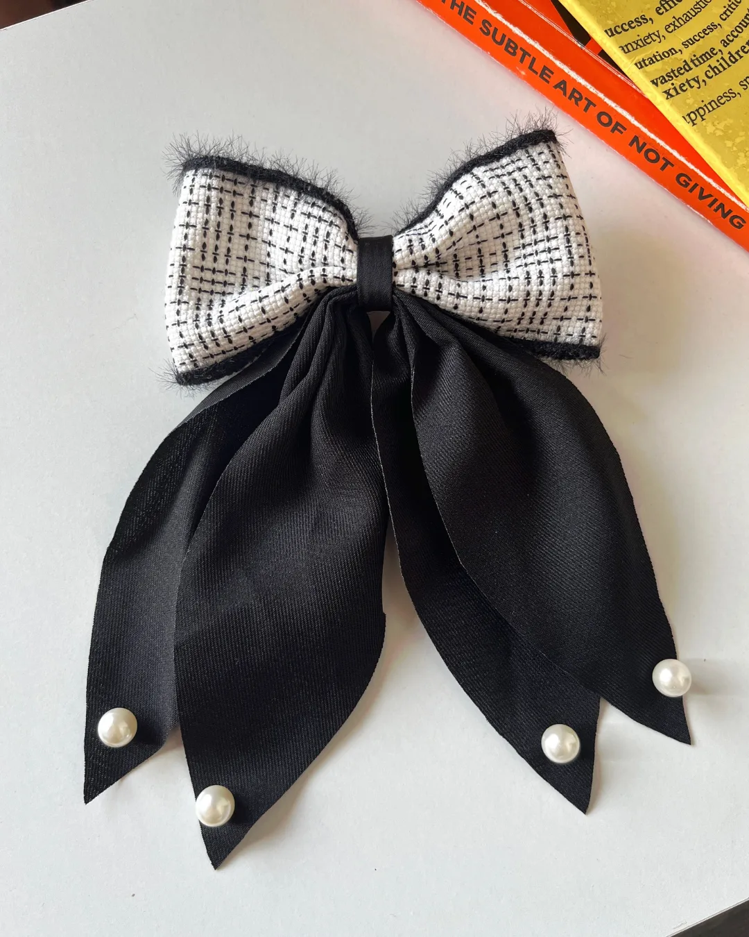 Classic Black & White Tweed Bow Clip