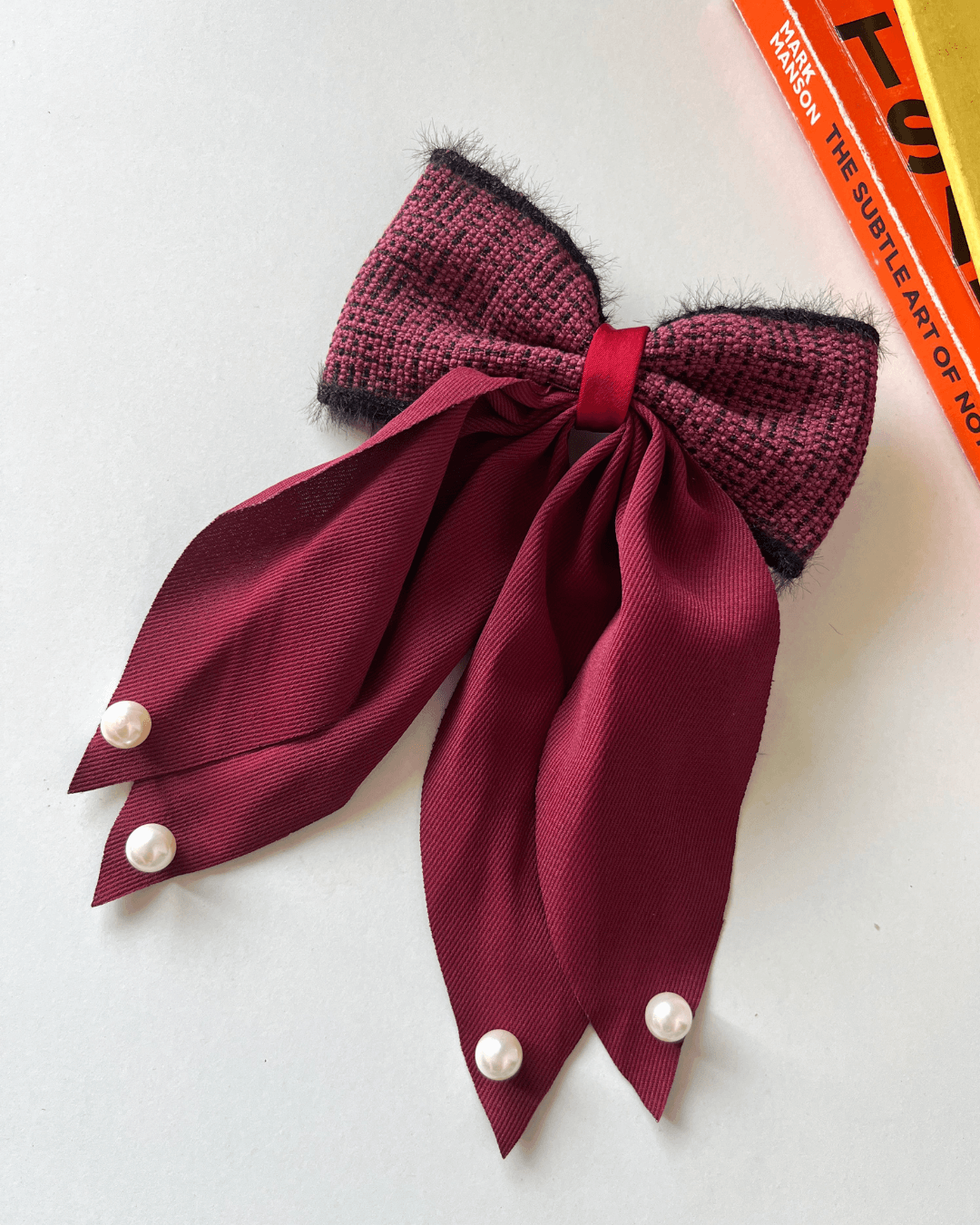 Luxury Wine Red Tweed Bow Clip with Pearls