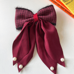 Luxury Wine Red Tweed Bow Clip with Pearls