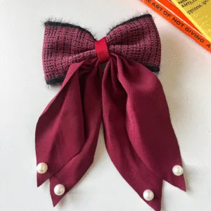 Luxury Wine Red Tweed Bow Clip with Pearls