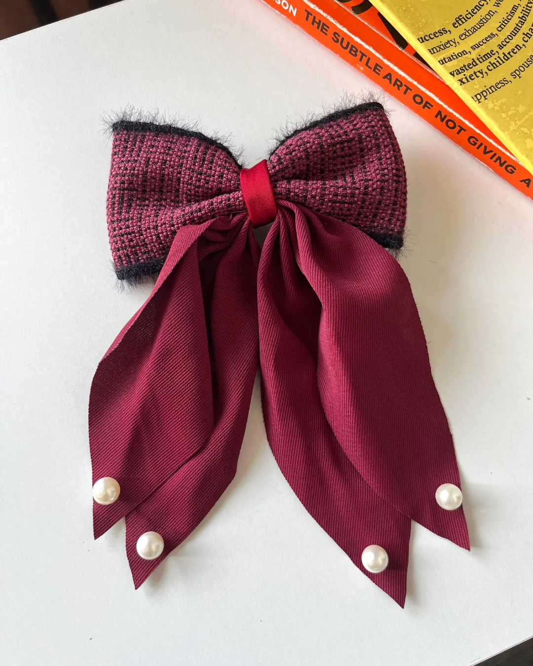 Luxury Wine Red Tweed Bow Clip with Pearls