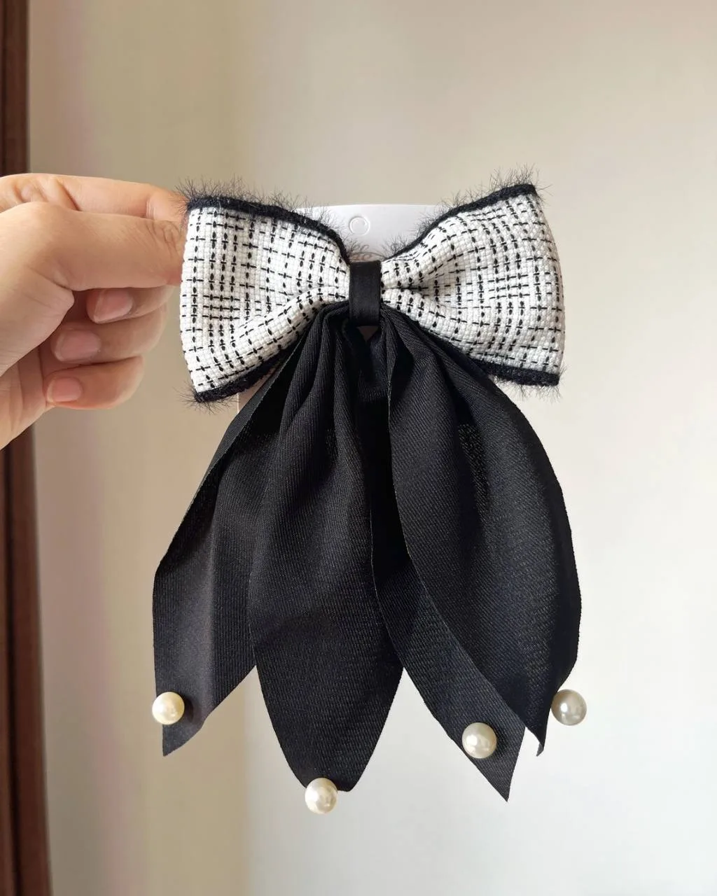 Classic Black & White Tweed Bow Clip