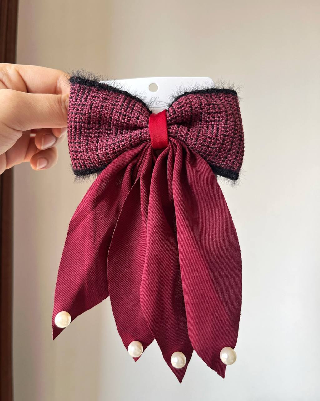 Luxury Wine Red Tweed Bow Clip with Pearls
