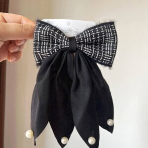Premium Black Tweed Bow Clip with Pearls