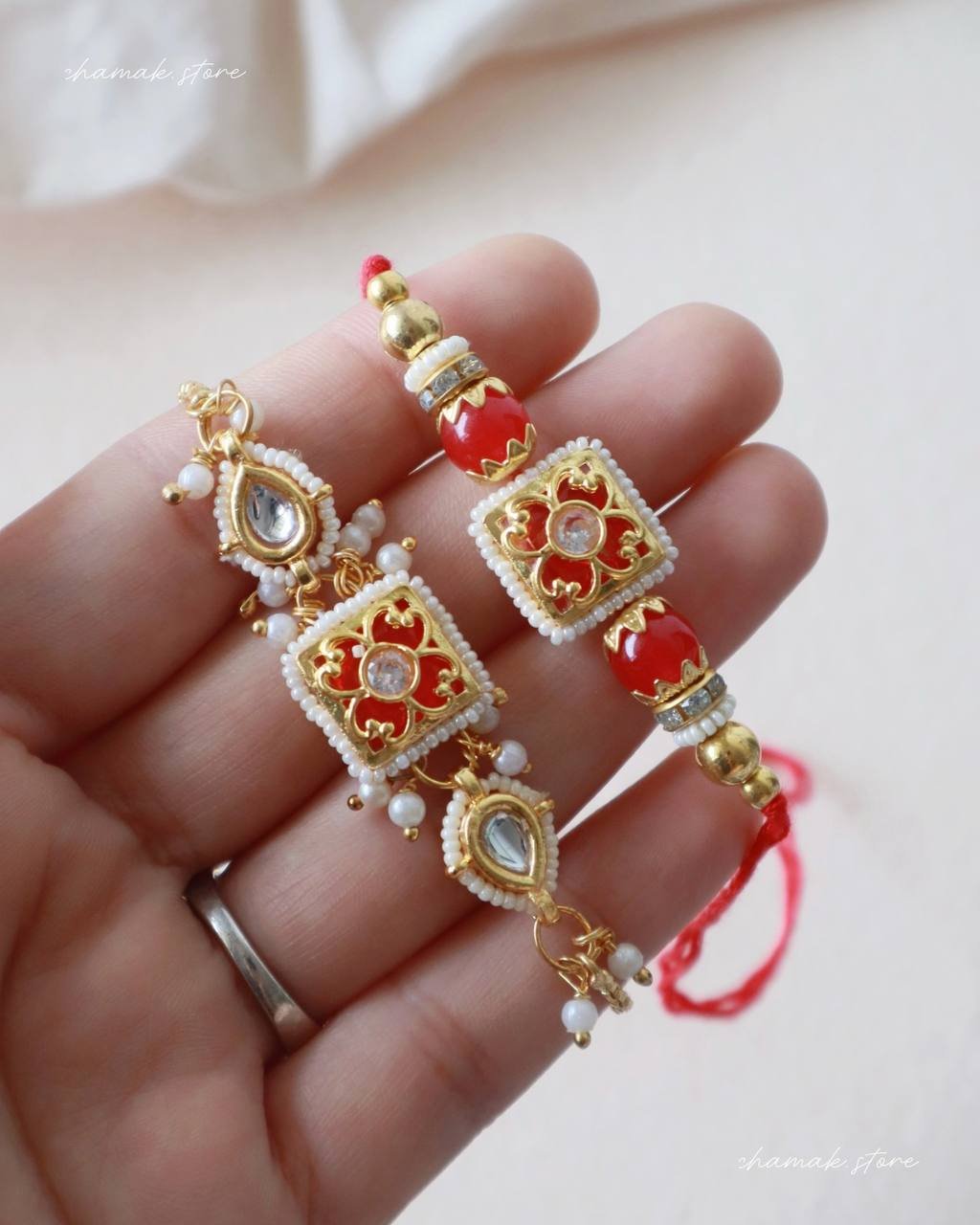 Red Meenakari Kundan Bhai-Bhabhi Rakhi Set