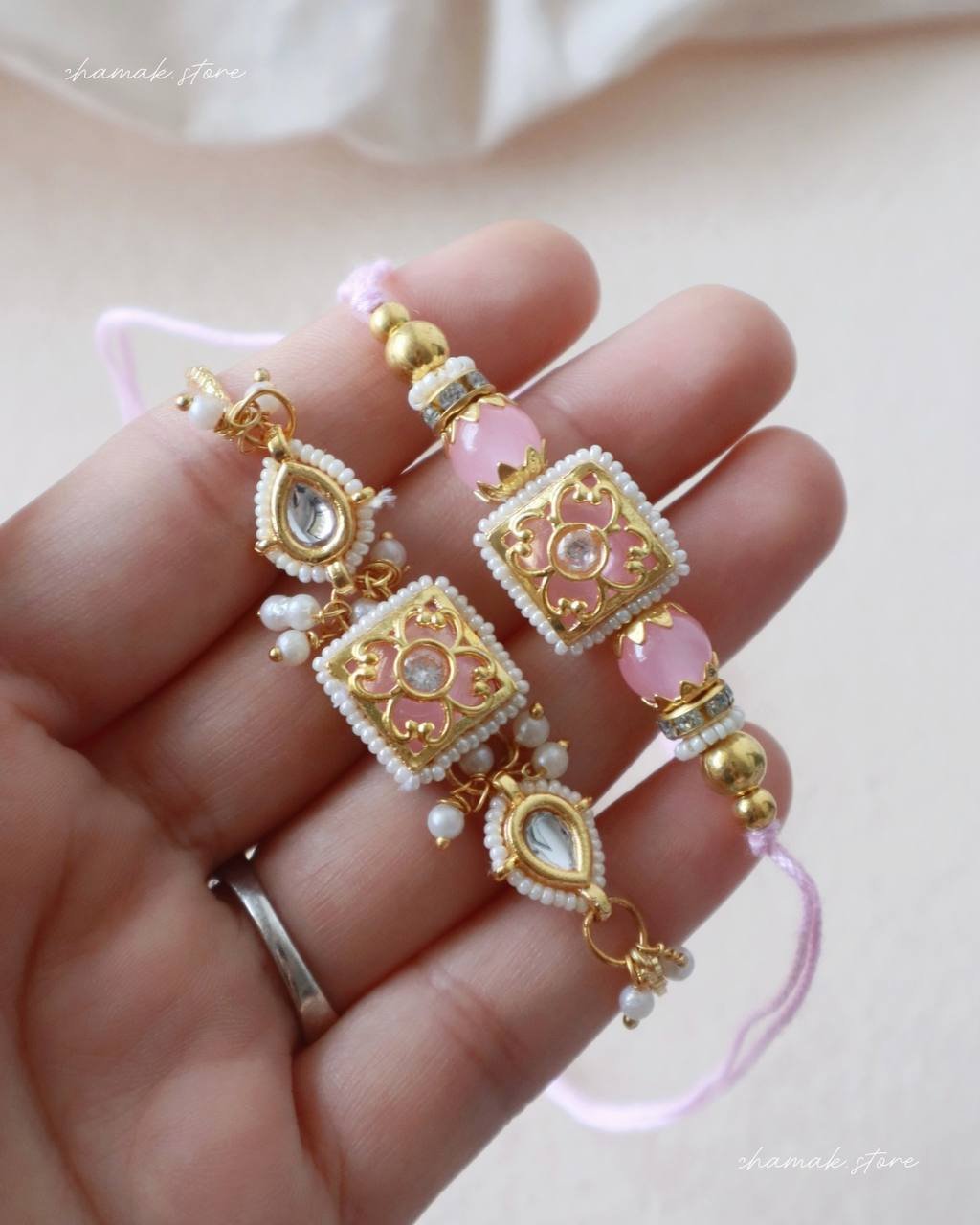 Pastel Pink Meenakari Kundan Bhai-Bhabhi Rakhi Set