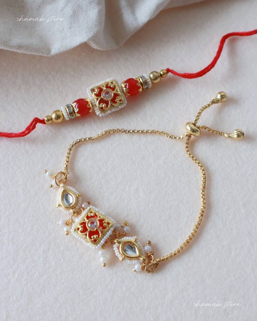 Red Meenakari Kundan Bhai-Bhabhi Rakhi Set