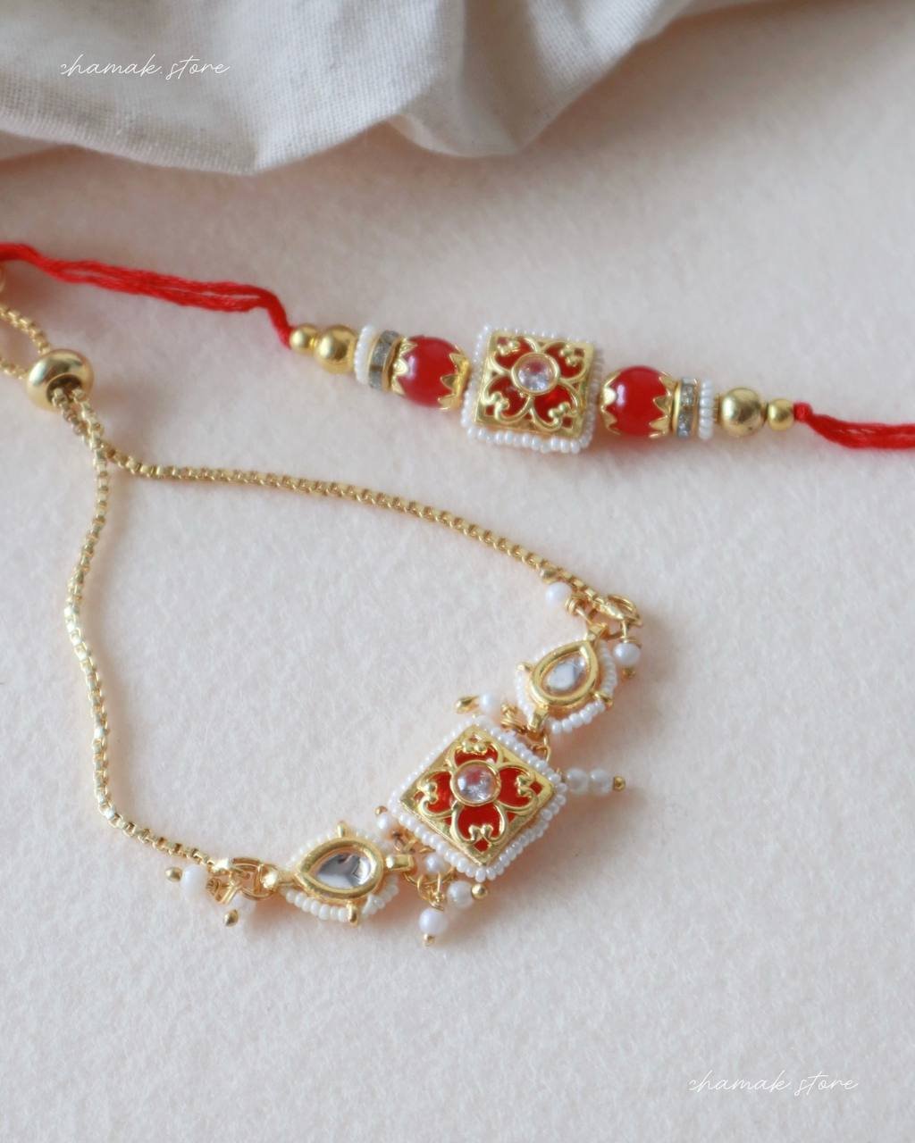 Red Meenakari Kundan Bhai-Bhabhi Rakhi Set