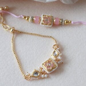 Pastel Pink Meenakari Kundan Bhai-Bhabhi Rakhi Set