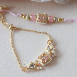 Pastel Pink Meenakari Kundan Bhai-Bhabhi Rakhi Set