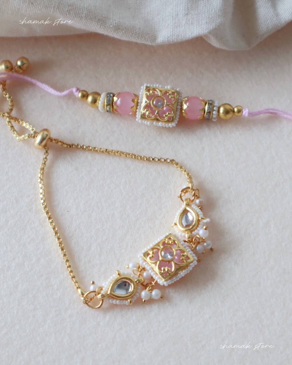 Pastel Pink Meenakari Kundan Bhai-Bhabhi Rakhi Set